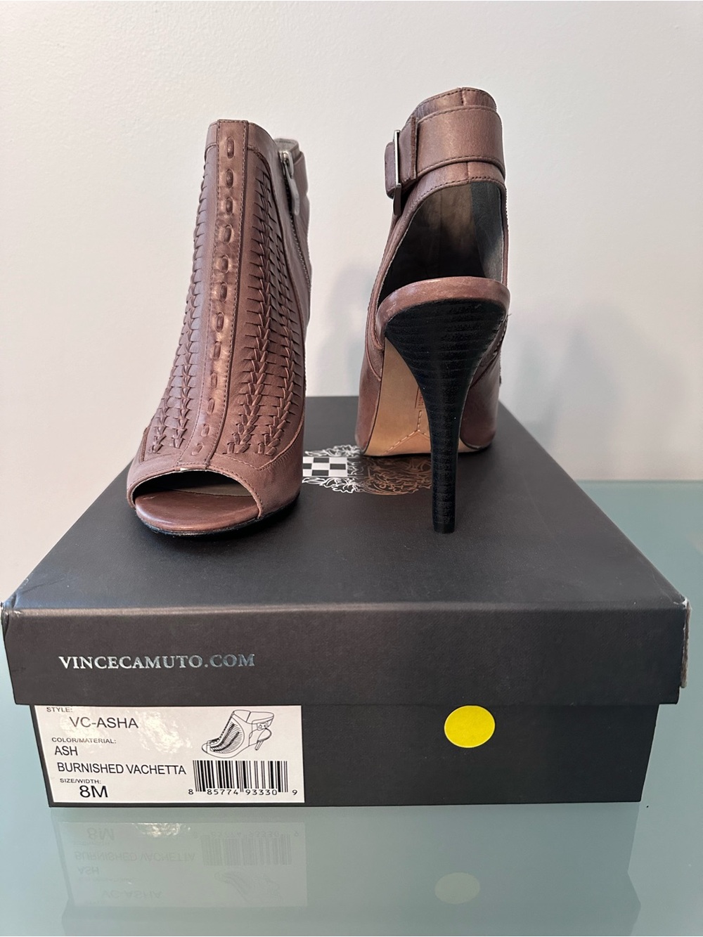 Vince Camuto Ash Brown Woven Open-Toe Stiletto Heels